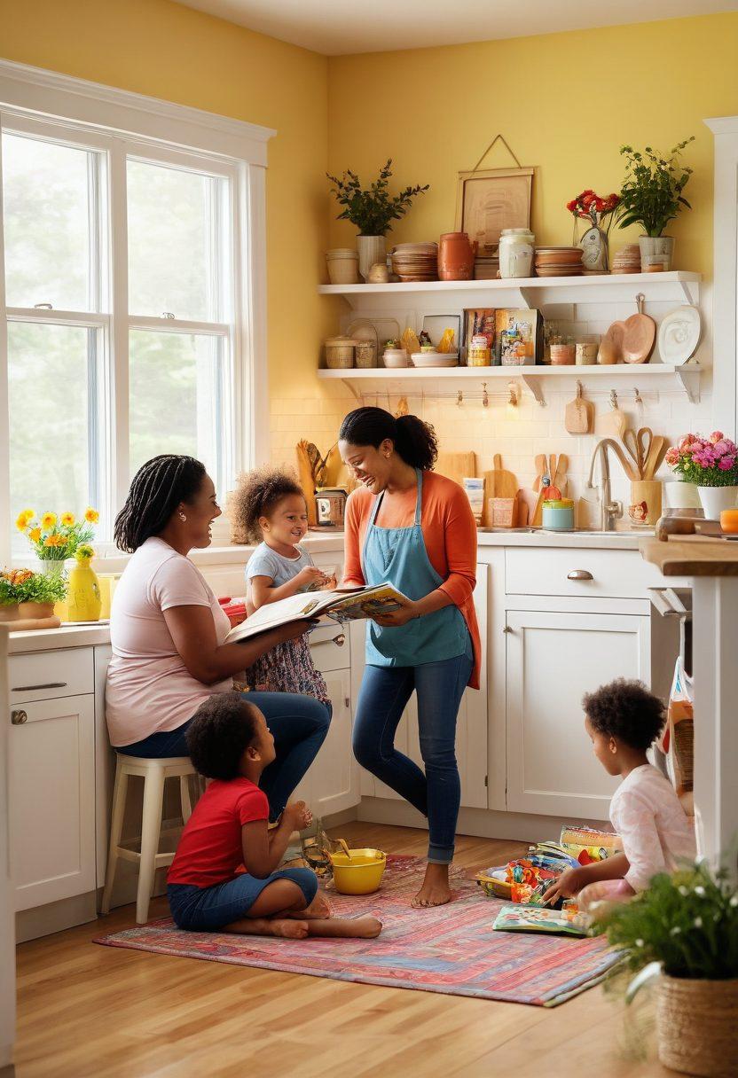 A nurturing scene depicting a diverse group of moms engaged in various activities: cooking together, reading to children, and sharing laughter in a bright, inviting kitchen. The atmosphere should feel warm and empowering, showcasing the joy and strength of motherhood. Incorporate elements of family life such as scattered toys, books, and flowers to enhance the cozy feel. Add vibrant colors and soft lighting to evoke warmth and positivity. super-realistic. vibrant colors. bright background.