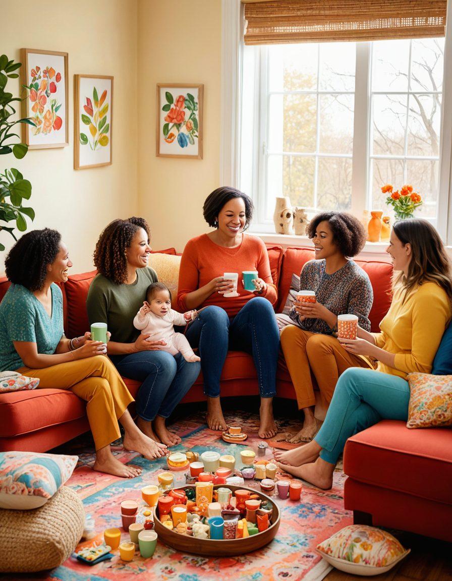 A warm and inviting scene depicting a diverse group of moms gathered in a cozy living room, engaged in friendly conversation while their children play nearby. Show various cultures and backgrounds represented, with humorous and supportive moments shared between them. Include elements like snacks, coffee cups, and baby toys scattered around to enhance the communal feeling. Soft, natural lighting creates an atmosphere of comfort and connection. illustration. vibrant colors. cozy aesthetic.