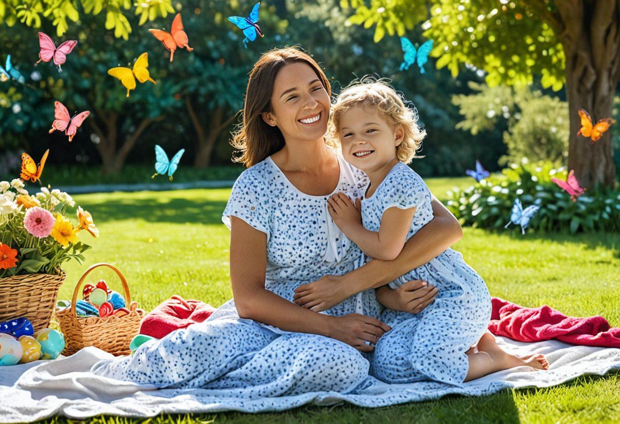 A joyful mother embracing her children in a vibrant park, surrounded by blooming flowers and playful butterflies, symbolizing connection and growth. The scene should convey warmth and empowerment, with the bright sun shining down to emphasize positivity. Include practical parenting elements like a picnic setup and colorful children’s toys scattered around. super-realistic. vibrant colors. bright blue sky.